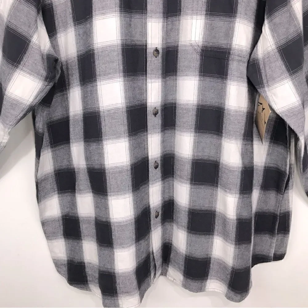 Blue Mountain Charcoal Gray White Plaid Flannel Button Down Casual Shirt